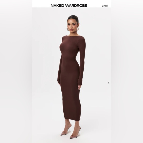 Naked Wardrobe Backless Dress Chocolate Brown Small Sexy Soft Longsleeve Stretch - Picture 9 of 13